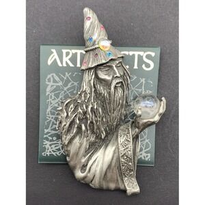 Vintage JJ Jonette Large Merlin Wizard Crystal Ball Orb Pewter Brooch Whimsical